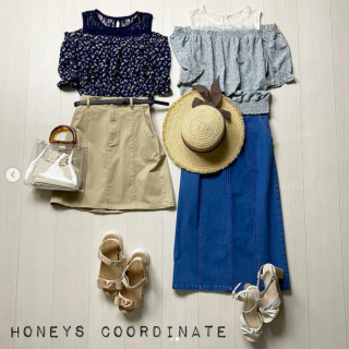 レースの透け感と、肩部分が開いていて肌見せできるブラウス。 カジュアル見えするスカート合わせで、ガーリィな夏コーデが完成！