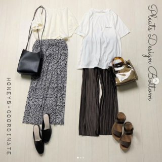 Iラインで体型カバーも叶うプリーツデザインのボトムを使った晩夏におすすめコーディネート 羽織を合わせない今の季節におすすめな後ろ身頃にデザインのポイントがあるブラウスやTシャツを合わせたスタイリングに