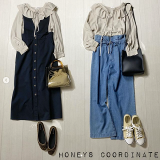 フリルがかわいいブラウスを衿元の形を変えて印象チェンジ着回し。 リボンを結んでガーリィな印象の着こなしはジャンスカなど、 吊りもの×フリルのコンビを楽しみたい。 リボンを開ける着こなしは、後ろ下がりに着て抜け感を活かした 大人っぽいカジュアルコーデに。