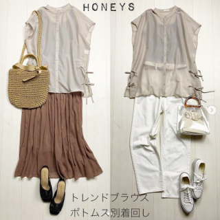 サイドのリボン使いがかわいいブラウスをボトム別で大人っぽ着回し。 キュートなリボンデザインとセクシーに透ける素材のギャップにキュンとする♡ ゆるポニーやラフに下したヘアメイクでナチュラルに合わせたい。