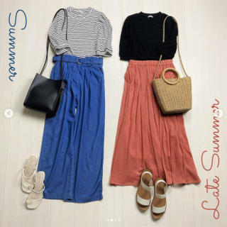 テレコ素材のハイネックトップスはボリューム袖デザインの主役級映えアイテム コンパクトなサイズ感なのでジャンスカやサス付きボトムのインナーとしてもおススメ 夏～晩夏にオススメのコーディネートをご紹介