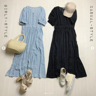 花柄＆ドット柄の総柄ワンピースはVネックデザインで首回りすっきり小顔効果も狙えちゃう♪ ウエスト部分の切り替えでスタイルアップも叶う♡ 1枚でコーデが決まるワンピースはガーリーにきるのはもちろんキャップやスニーカーをあわせてスポーティMixなスタイリングにするのもおすすめ