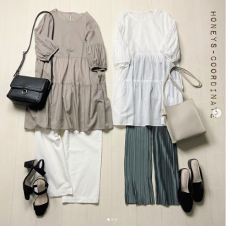 先日のPostで紹介したティアードチュニックのコーデバリエーション モカ×ホワイトのラテMixカラーで大人サマースタイル＆ホワイト×グリーンで清涼感のある大人カジュアルスタイル