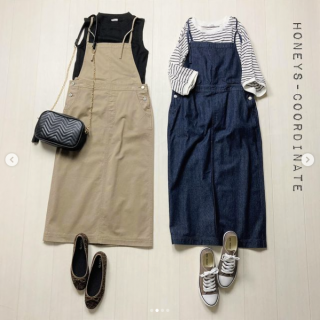 新作アイテムのご紹介♪ ロング丈のジャンスカはストラップが細いのでカジュアルになりすぎず大人っぽい着こなしもOK 気温が高い日は色使いで秋を感じるスタイリングに