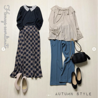 秋は衿付きトップスが充実♡ フリル衿がかわいいブラウスは丈が長めなのでパンツ合わせのコーデにも◎ 衿付きトップスはカーデやトップスのインナーに合わせて衿だけみせるのもGood！