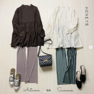 人気のティアードブラウスに新作が登場♪ 薄手の素材なので今から着られて秋までOKなので色違いでGetするのも◎ 今すぐ着るならアイボリー×グリーン、秋口に着るならブラウン×ベージュの色合わせがおすすめ