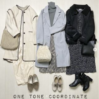 アイテムをワントーンで整えたらシンプルな中にスタイリッシュさが光る、大人かわいいコーデが完成。 ホワイトコーデはコートの配色使いがスパイスに。 グレーはマニッシュなチェスターコートでほっこり感を回避。 ブラックは花柄合わせでクールに寄せすぎないのがポイント。
