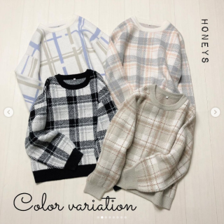 チェック柄が可愛いニットはモノトーンチェックや茶系チェックなどかわいいカラバリの4色展開