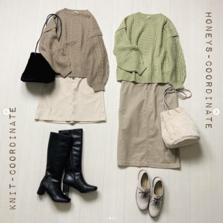 ざっくり編みのニットは袖の切り替えデザイン＆いろいろな編地がポイント アイボリーやベージュなど人気のラテカラーはもちろんブルーやオレンジなどの差し色も展開 秋冬に人気のコーデュロイ素材のボトムを使ったコーディネートをご紹介