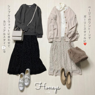 新作スカートのご紹介 花柄＆ドット柄のプリーツスカートは裾が配色切替になっているのもポイント きれいめガーリースタイルにはもちろんスウェット合わせのカジュアルスタイルにも◎