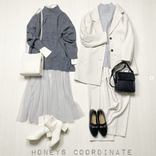 モノトーンをやわらかいイメージに。 スタイリッシュなのにキツくない。 グレーとアイボリーで作るモノトーンコーデ。