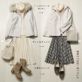 Xmasデートにもおすすめなホワイトコーデ 素材の異なるアイテムで合わせればオールホワイトでも◎ コートやニットはそのままでもボトムや合わせの小物をチェンジするだけで普段スタイルにもGood！