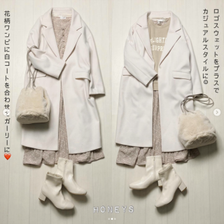 スカート部分がプリーツタイプになっている花柄ワンピース ガーリーな印象のワンピースにロゴスウエットを重ねてカジュアルスタイルに