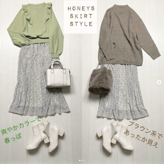 現在販売中のかわいい小花柄のスカート。 合わせるニットであったか冬コーデ＆さわやか春コーデに印象チェンジ着回し！