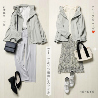 Aラインシルエットのフード付きブルゾンは撥水加工が施されていてこれからの季節に大活躍 キレイめ素材のブルゾンなのでカジュアルスタイルだけでなくお仕事スタイルとも好相性