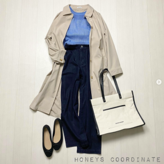 キレイめなステンカラーコートの中はゆるいニットで気取らないスタイルに。 メッシュニットが作る抜け感でコートを脱いでもおしゃれな印象に。