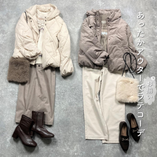 軽くて暖かいファイバーダウンブルゾン　ブラウン系ワントーンでお揃いコーデ