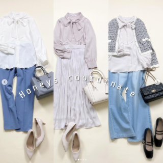 大きめのボウタイリボンがポイントのブラウス 長め丈でイン&アウトで着こなしのバリエーションも◎